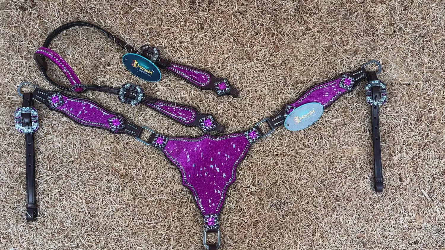 MOUSM Western Headstall &amp; Breast Collar Set – Made with Genuine Argentina Cow Leather Decorated Middle Leather Patch with Pink Silver Metallic Acid Wash Cowhide