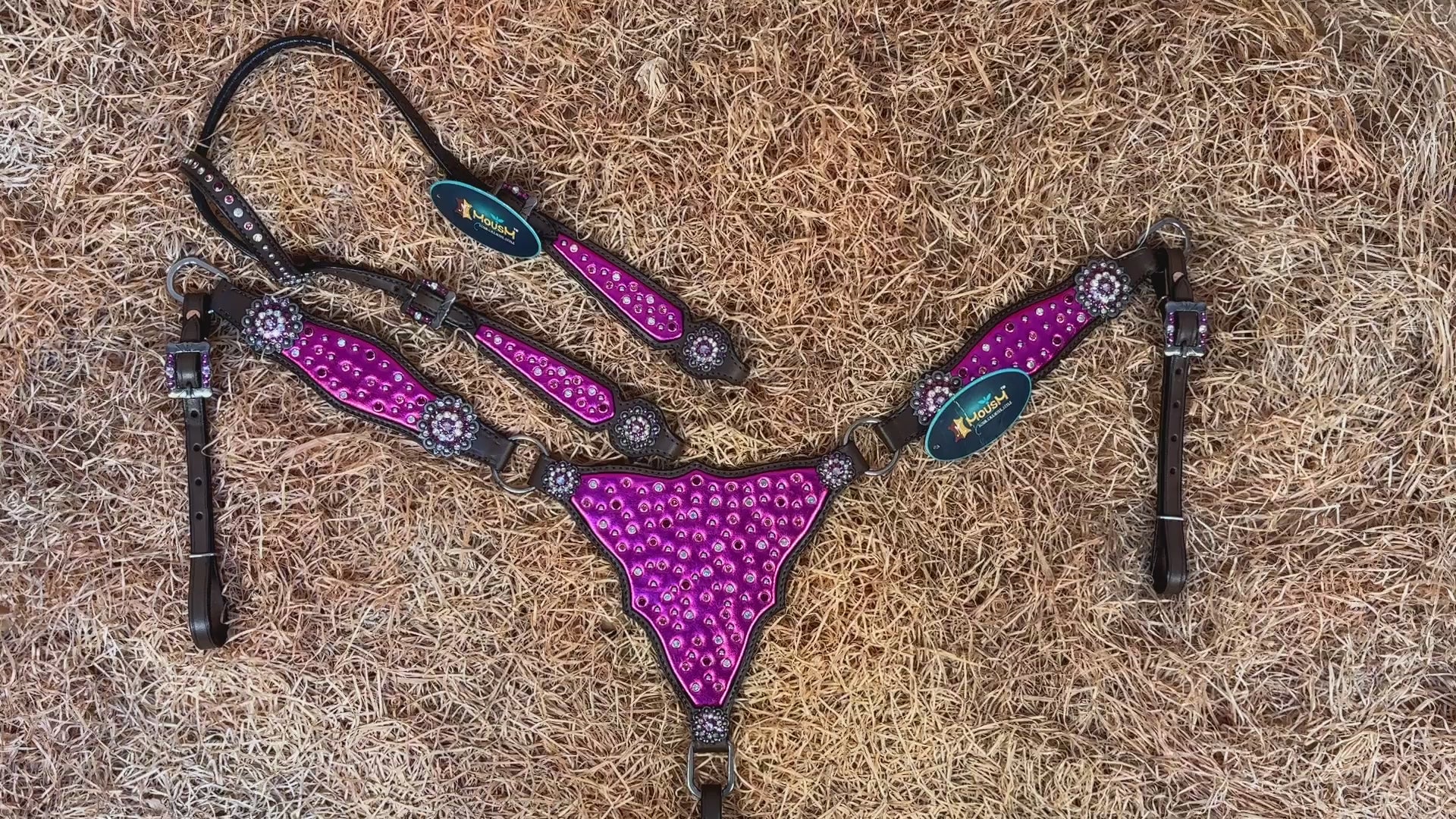 MOUSM Western Headstall and Breast Collar with Pink Gladiator Leather, Decorated with Red, White, and Orange Clear Stones, Surrounded by Matching Conchos and Buckles