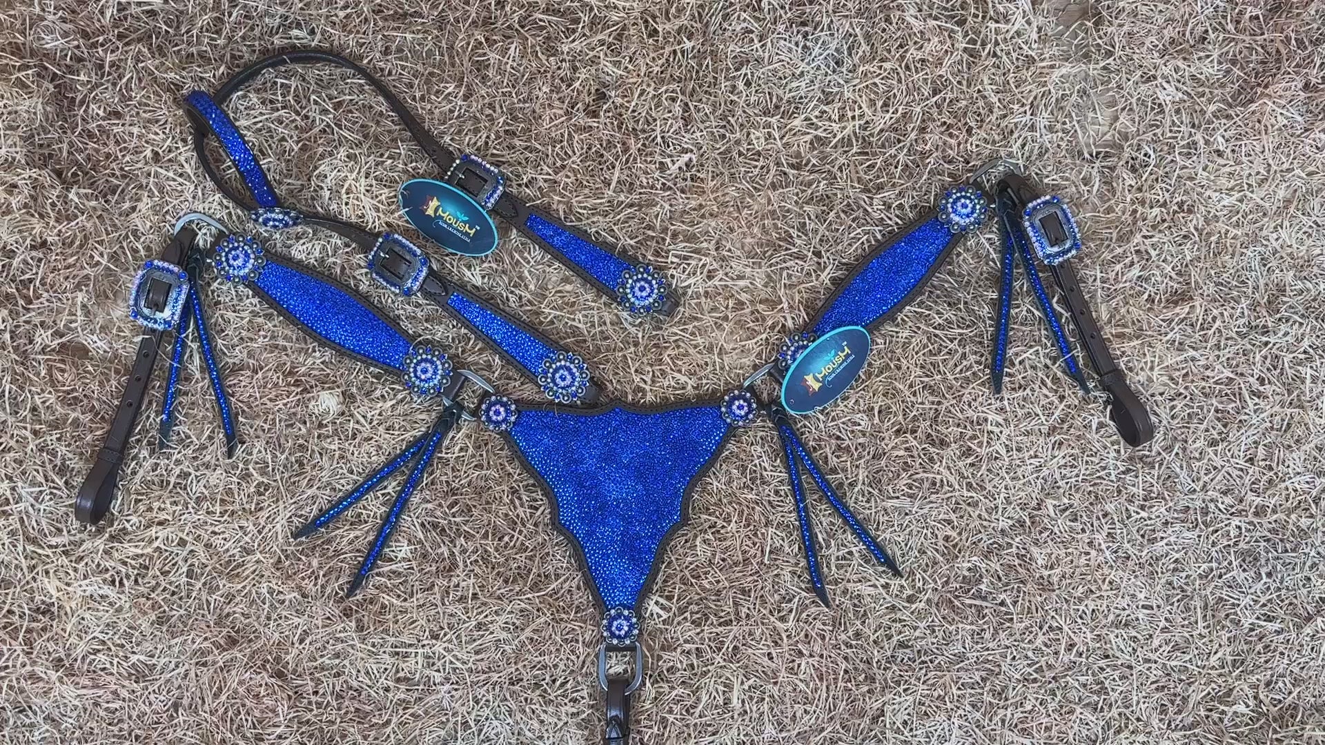 MOUSM Western Headstall and Breast Collar Set – Argentina Cow Leather Horse Tack Set Decorated with Royal Blue Rhinestones on Gladiator Breast Collar with Roping and Bling Conchos