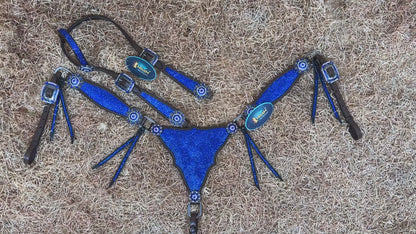 MOUSM Western Headstall and Breast Collar Set – Argentina Cow Leather Horse Tack Set Decorated with Royal Blue Rhinestones on Gladiator Breast Collar with Roping and Bling Conchos