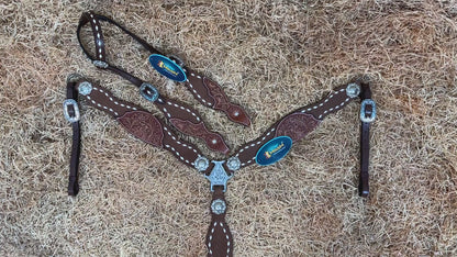 MOUSM Argentina Cow Leather Western Horse Tack Set – One Ear Headstall &amp; Breast Collar, Bronc Halter, Wither &amp; Spur Straps with Hand-Tooled Sunflower Carving &amp; White Buck Stitching