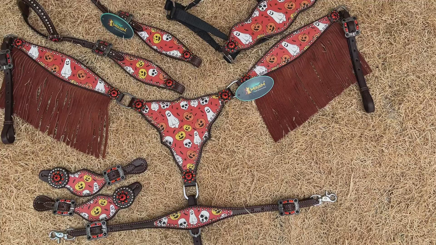 MOUSM Spooky Western Leather Horse Tack Set – Headstall &amp; Breast Collar Decorated with Halloween Pumpkin, Ghost &amp; Bats Print with Black-orange Rhinestone, Leather Fringe