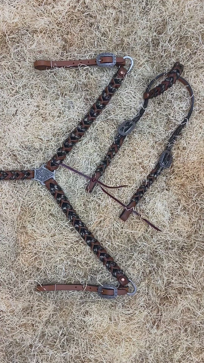 Black Alligator and Dark Brown Braiding Headstall Tack Set