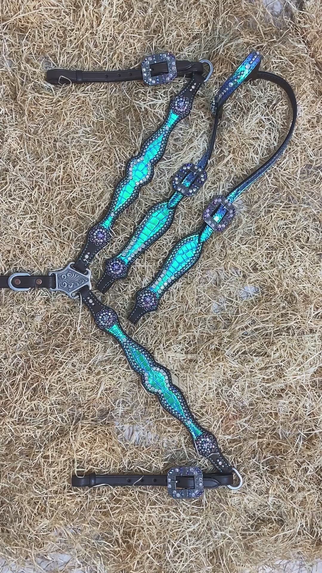 Turquoise Holographic Alligator Printed Leather Horse Tack Set