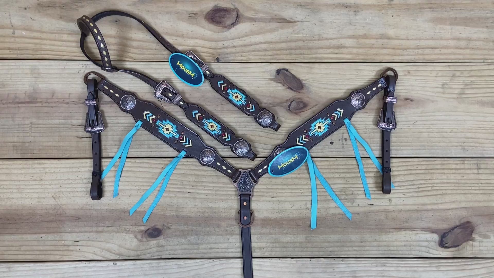 western horse tack set with geometrical tooling with golden turquoise hand painting 