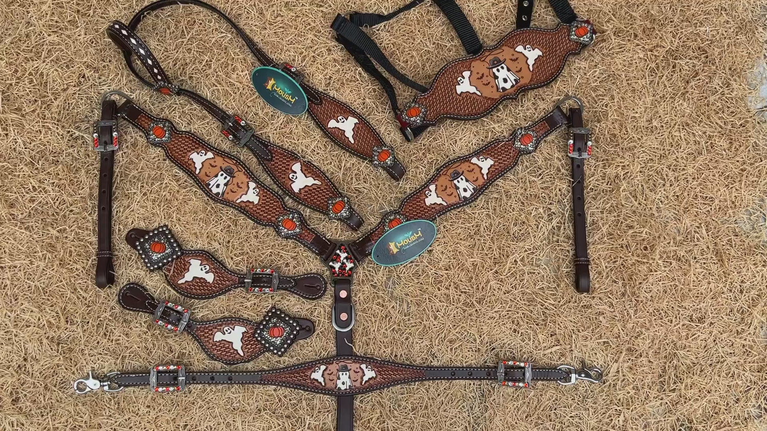 MOUSM Spooky Western Leather Horse Tack Collection – Headstall &amp; Breast Collar Set Decorated with Hand-Painted Cowboy Ghost, Basket Tooling &amp; Pumpkin Rhinestone Conchos