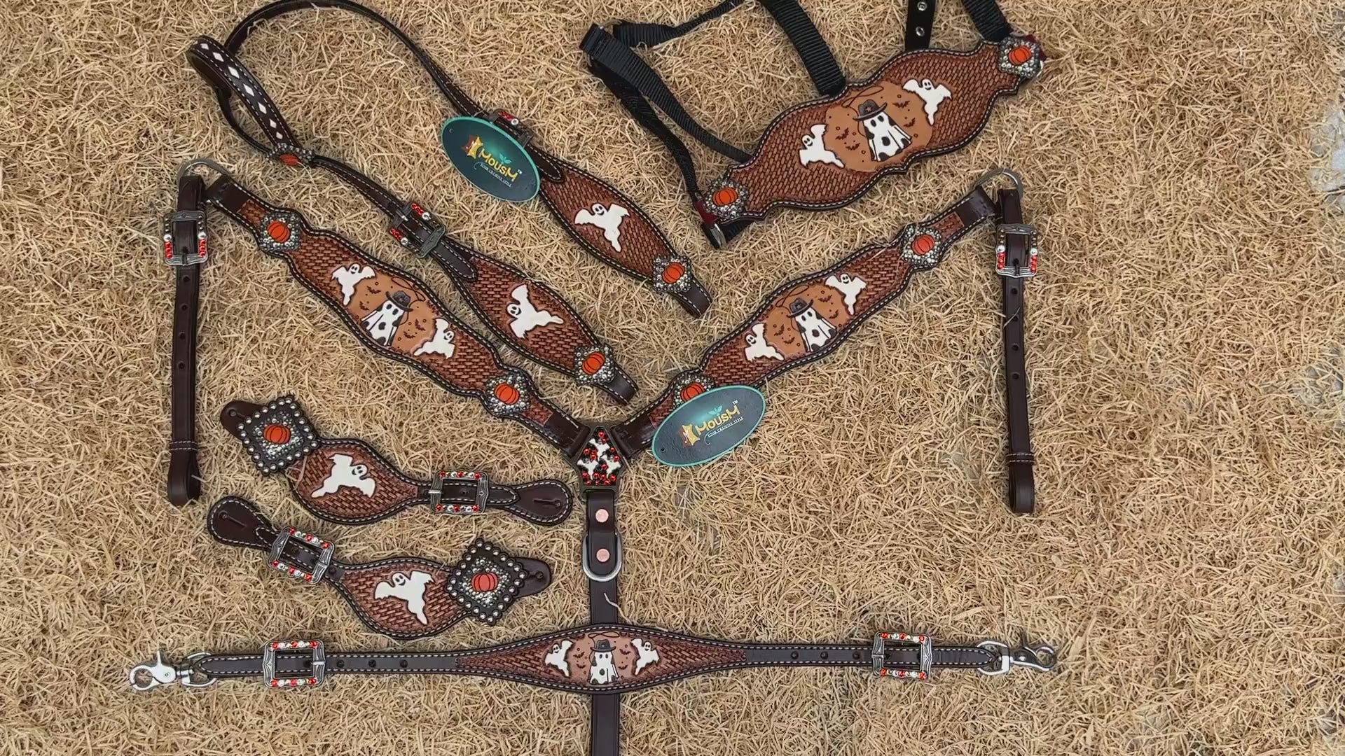 MOUSM Spooky Western Leather Horse Tack Collection – Headstall &amp; Breast Collar Set Decorated with Hand-Painted Cowboy Ghost, Basket Tooling &amp; Pumpkin Rhinestone Conchos