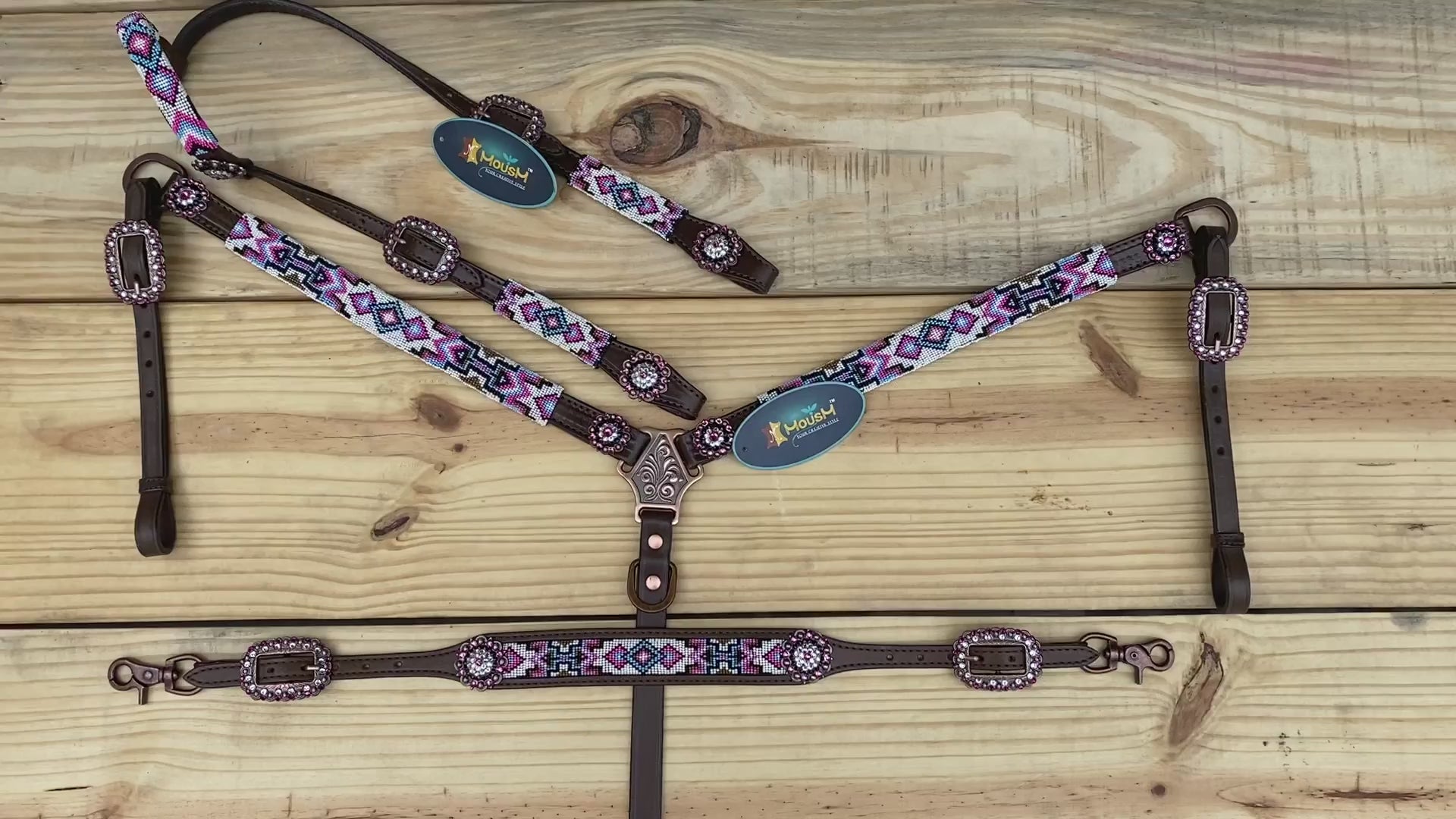 MOUSM Argentina Cow Leather Headstall and Breast Collar with Wither Strap - Western Leather Tack Set for Horse with Pink-White-Blue Beaded Inlay and Concho
