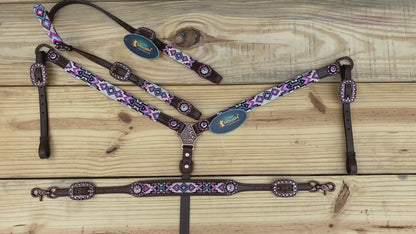 MOUSM Argentina Cow Leather Headstall and Breast Collar with Wither Strap - Western Leather Tack Set for Horse with Pink-White-Blue Beaded Inlay and Concho