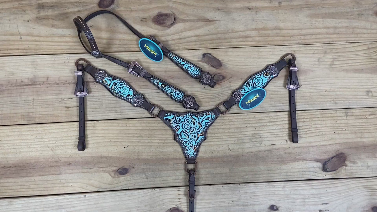 Western Headstall and Breast Collar Set, Turquoise Rose Embossed Tack with Silver Studs