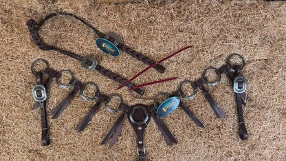 MOUSM Ring Headstall and Breast Collar Tack Set – Made form Argentina Cow Leather with Engraved Antique Nickel Rings, Metallic Brown Plain Leather Fringe on Real Brown Leather, and Braided Browband &amp; Cheekpiece