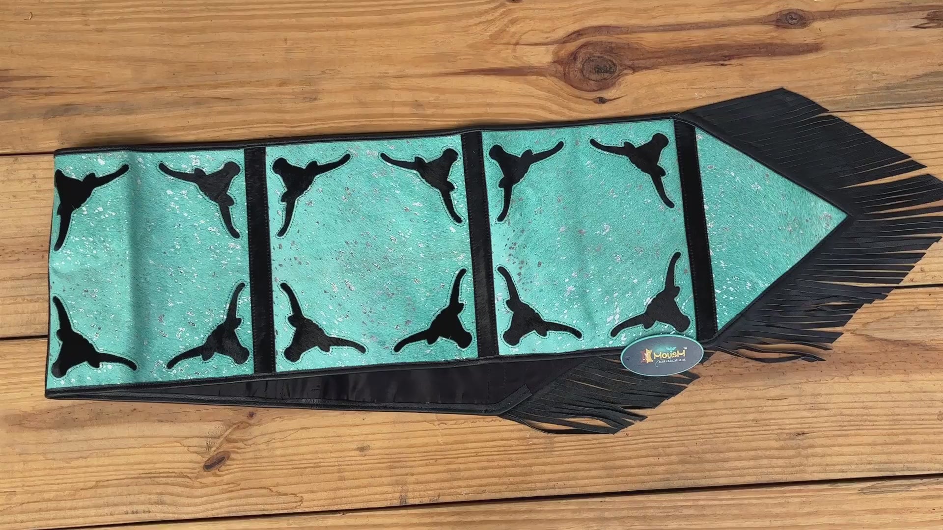 MOUSM Real Cow Hide Leather Table Runner - 72x12 Inches, Royal Blue Acid Wash Design with Laser Cut Bull Head Cow Hide Patched and Black Leather Fringes