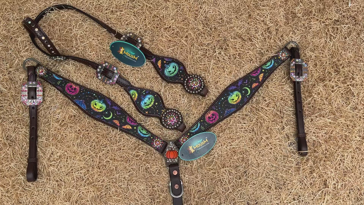 halloween themed horse headstall with fluorescent pumpkin and bat print on black leather.