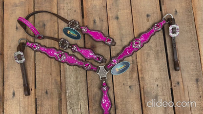 MOUSM Western Leather Headstall and Breast Collar Set – Handcrafted from Pink Silver Metallic Acid Wash Argentina Cowhide with Shining Rhinestones Conchos