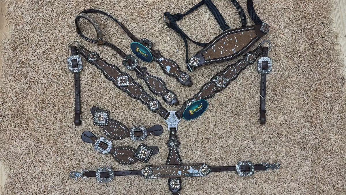 Dark Tan Silver Metallic Acid Wash 5 Pieces Headstall Tack Set