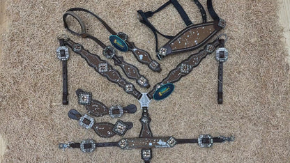 MOUSM Western Headstall and Breast Collar Tack Set for Horse – Argentina Cow Leather Western Bridles and Headstalls Decorated with Dark Tan-Silver Metallic Acid Wash Cowhide Finish