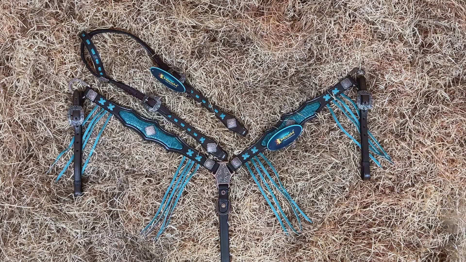 MOUSM Argentina Cow Leather Horse Bridle &amp; Breast Collar Set – Western Horse Tack with Turquoise Silver Splash Cowhide, Feather Hardware &amp; Nickel Accents