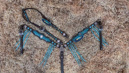 MOUSM Argentina Cow Leather Horse Bridle &amp; Breast Collar Set – Western Horse Tack with Turquoise Silver Splash Cowhide, Feather Hardware &amp; Nickel Accents