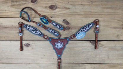 western headstall and breast collar with cowhide theme, turquoise hardware, and detailed rawhide stitching all over