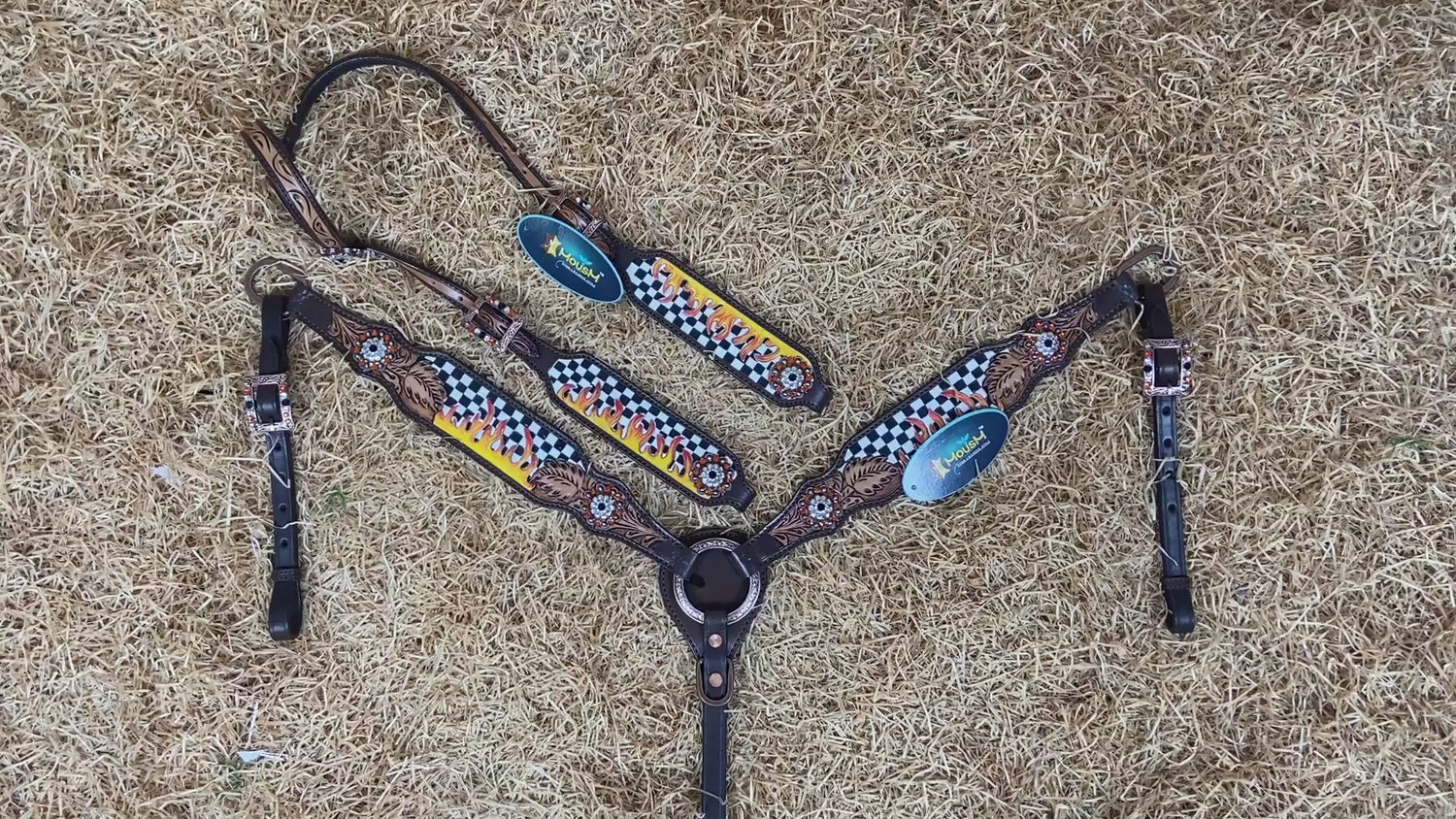 MOUSM Western Headstall and Breast Collar Set – Made from Argentina Cowhide Leather with Hand-Tooled Black &amp; White Checkered Pattern, Painted Flames, Floral Motifs, and Antique Copper Hardware with Berry Conchos
