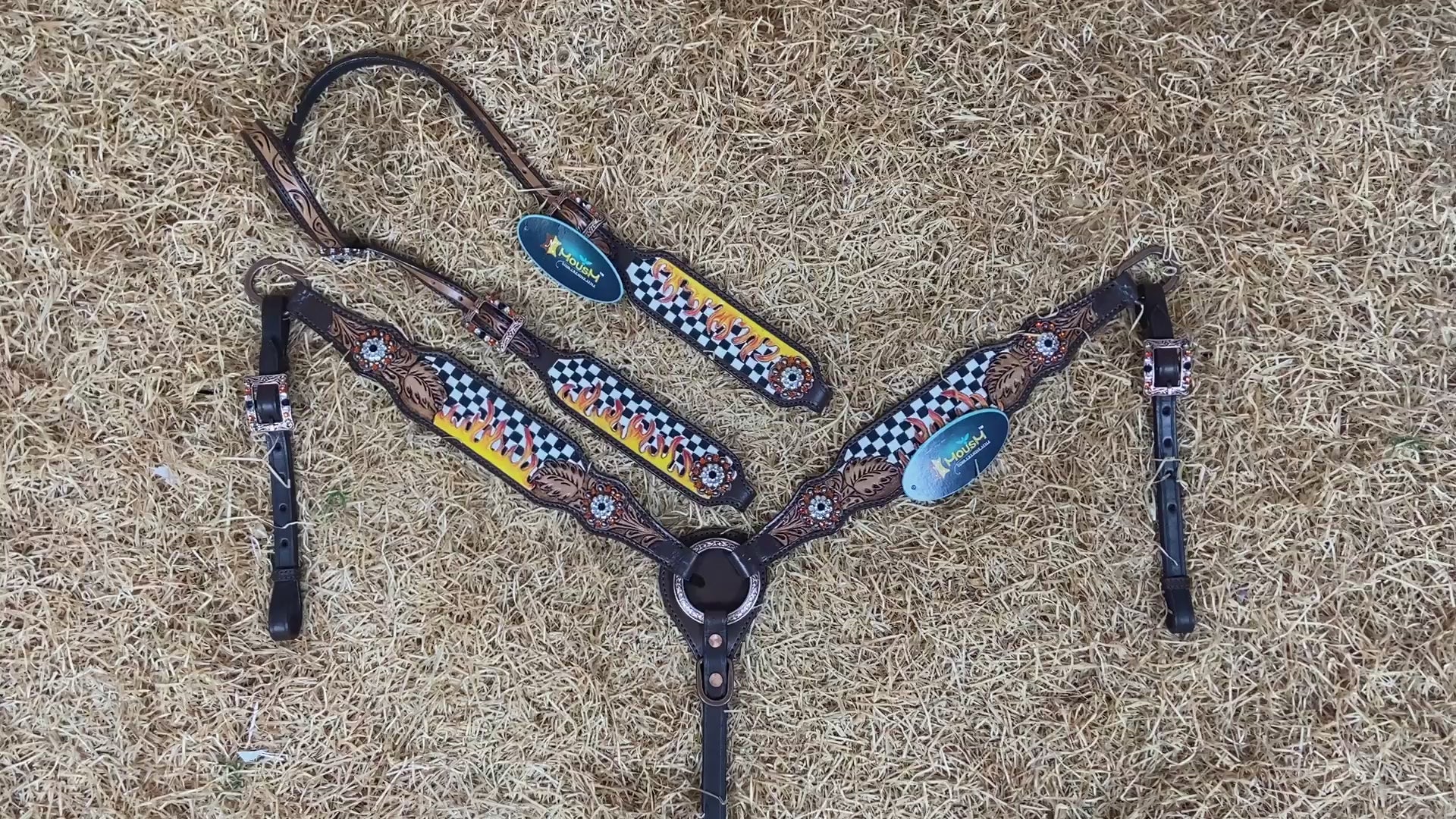 MOUSM Western Headstall and Breast Collar Set – Made from Argentina Cowhide Leather with Hand-Tooled Black &amp; White Checkered Pattern, Painted Flames, Floral Motifs, and Antique Copper Hardware with Berry Conchos