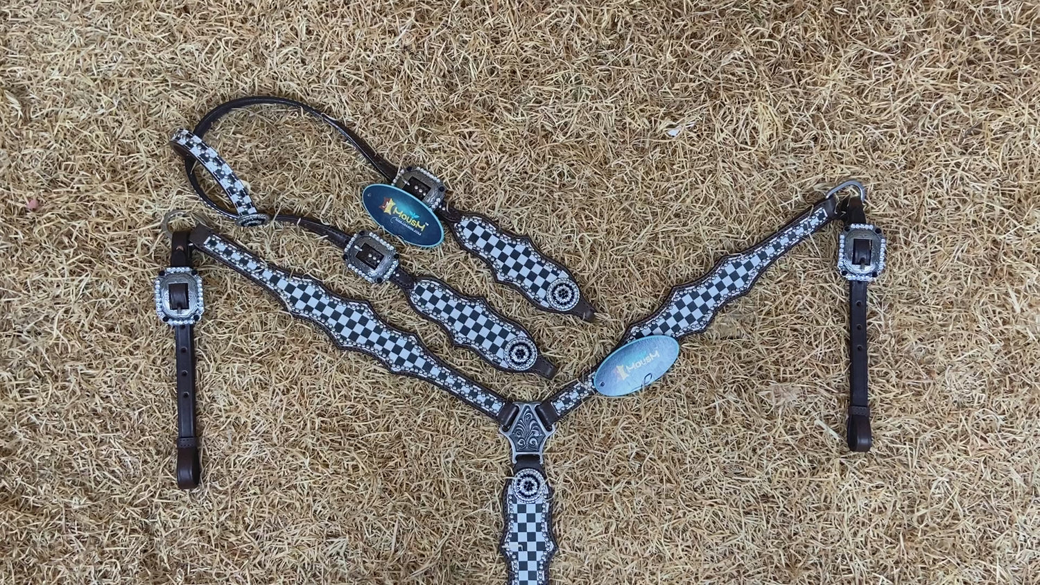 MOUSM Western Headstall Tack Set - Made from Argentina Cow Leather Decorated with Black and White Checkered Pattern and Round Rhinestone Conchos Surrounded By Sliver Studs, All Antique Nickel Hardware