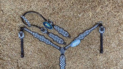MOUSM Western Headstall Tack Set - Made from Argentina Cow Leather Decorated with Black and White Checkered Pattern and Round Rhinestone Conchos Surrounded By Sliver Studs, All Antique Nickel Hardware