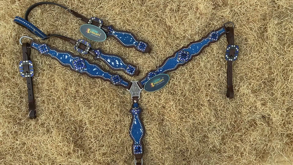 Blue and Silver Metallic Acid Wash Cowhide One Ear Headstall Set
