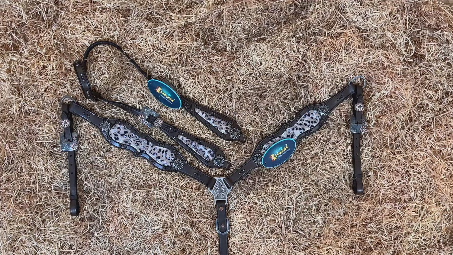 MOUSM Argentina Cow Leather Headstall and Breast Collar Set for Horse, Western Headstall Set Decorated with Leopard Printed Leather, Antique Copper Hardware
