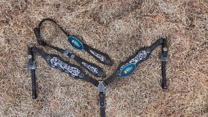 MOUSM Argentina Cow Leather Headstall and Breast Collar Set for Horse, Western Headstall Set Decorated with Leopard Printed Leather, Antique Copper Hardware