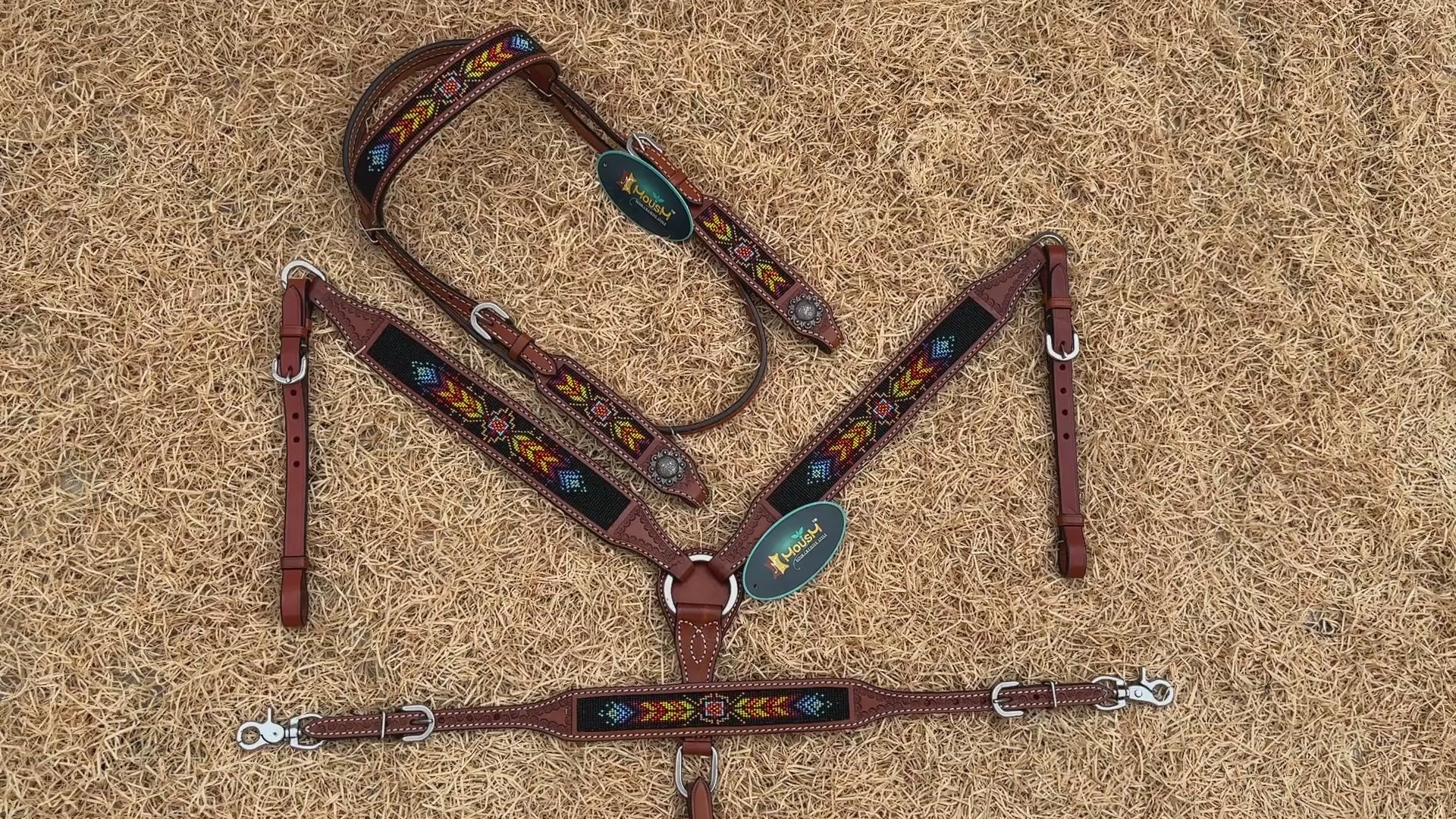 MOUSM Argentina Cow Leather Western Browband Headstall &amp; Breast Collar Set – Hand-Beaded Inlay with Vibrant Geometric Pattern on Black
