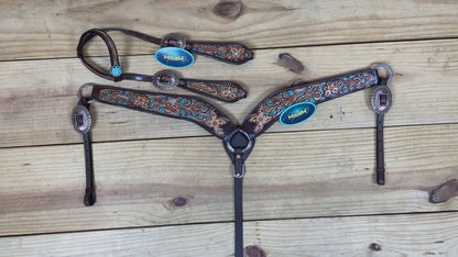 Western Headstall and Breast Collar Set Decorated with Flower Hand Tooled and Filigree Carving with Turquoise Inlay and Antique Finish Big Sunburst Buckles MOUSM