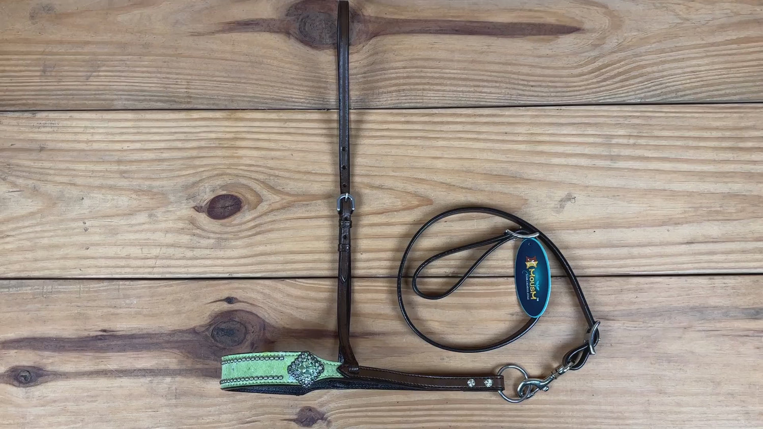 MOUSM Genuine Cow Hide Leather Tie Down Noseband with Leather Strap for Horse - Decorated with Lime Green Metallic Acid Wash Natural Hair On Cowhide and Rhinestone Conchos, 1 Meter Strap Length and 6/8&quot; Inches width