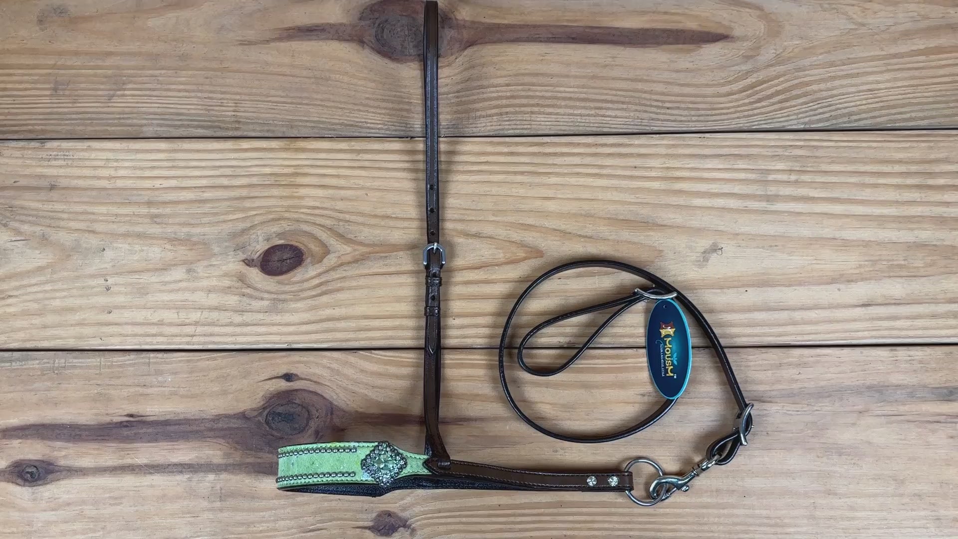 MOUSM Genuine Cow Hide Leather Tie Down Noseband with Leather Strap for Horse - Decorated with Lime Green Metallic Acid Wash Natural Hair On Cowhide and Rhinestone Conchos, 1 Meter Strap Length and 6/8&quot; Inches width