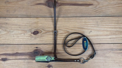 MOUSM Genuine Cow Hide Leather Tie Down Noseband with Leather Strap for Horse - Decorated with Lime Green Metallic Acid Wash Natural Hair On Cowhide and Rhinestone Conchos, 1 Meter Strap Length and 6/8&quot; Inches width