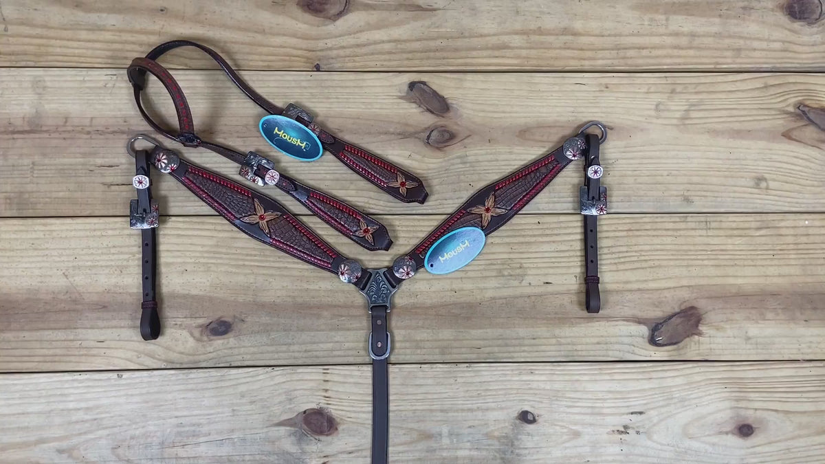 western headstall and breast collar set with tan alligator inlay and red rawhide stitching handcrafted argentina cow leather
