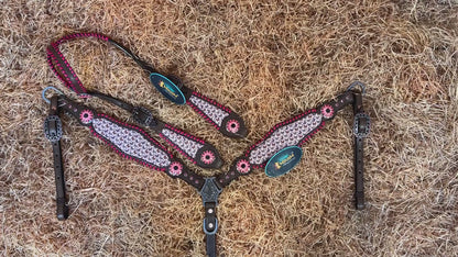 MOUSM Argentina Cow Leather Western Headstall &amp; Breast Collar Tack Set Decorated with Beautiful Printed Butterflies Inlay with Pink Stitching &amp; Flower Conchos
