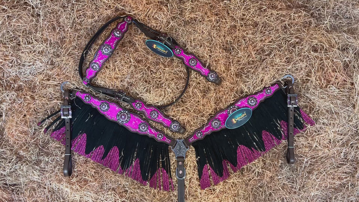 MOUSM Western Browband Headstall and Breast Collar Decorated with Pink Metallic Acid Wash Cowhide Inlay, Surrounded by Metal Beads, Flower Conchos with White-Pink Stones, and Red-Black Glittered Leather Fringe.