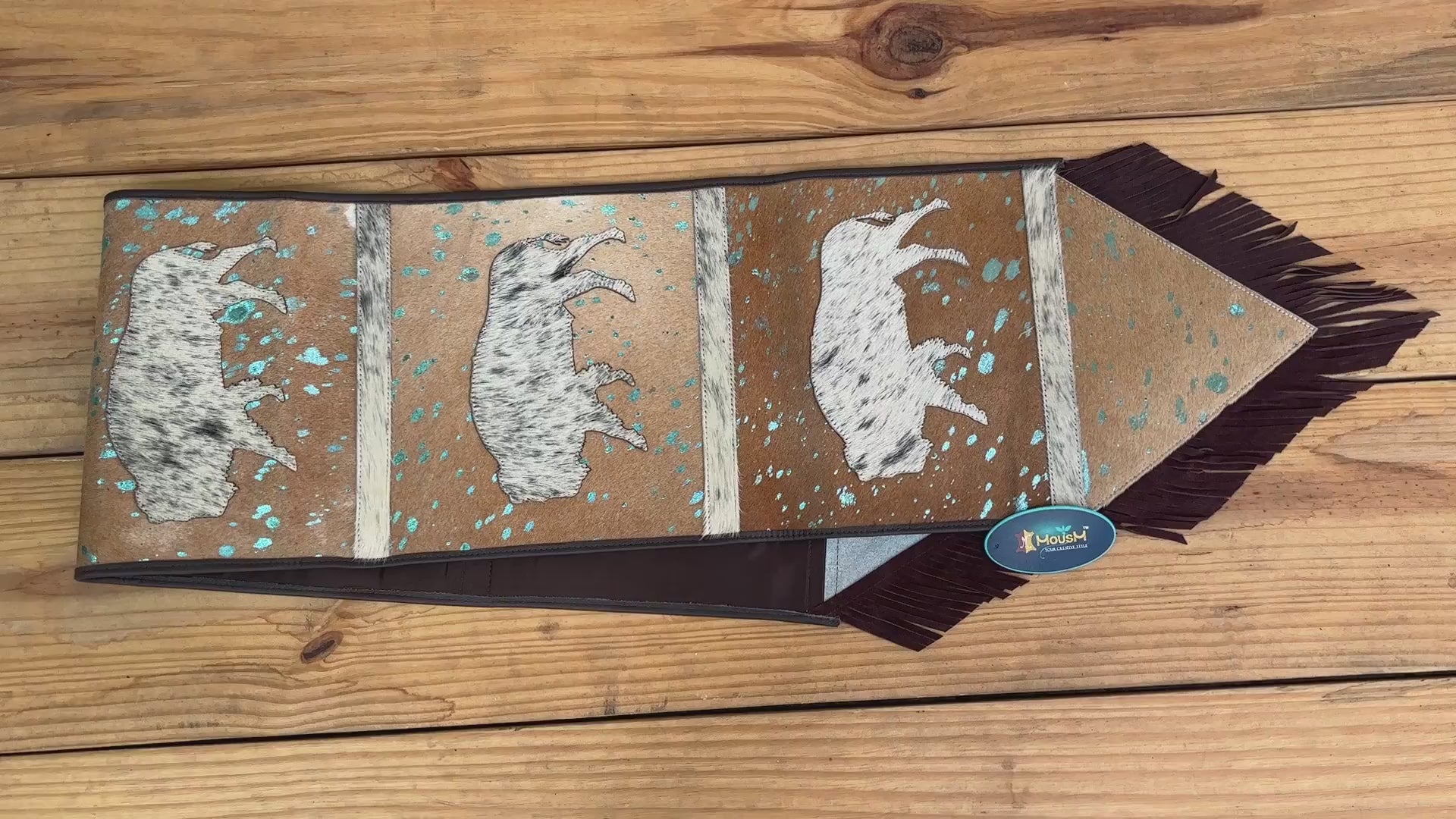MOUSM Real Cow Hide Leather Table Runner - 72x12 inches, Acid Washed Brown Leather with Laser-Cut Animal Patches Decorated with Brown Fringe