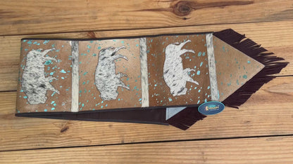 MOUSM Real Cow Hide Leather Table Runner - 72x12 inches, Acid Washed Brown Leather with Laser-Cut Animal Patches Decorated with Brown Fringe