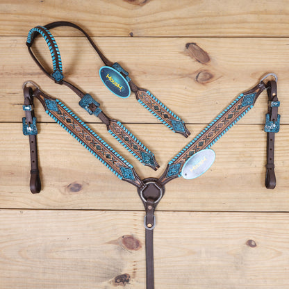 western headstall and breast collar set with turquoise whip stitching and tooling