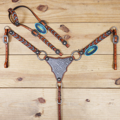 western headstall set with engraved metal rings and alligator printed inlay