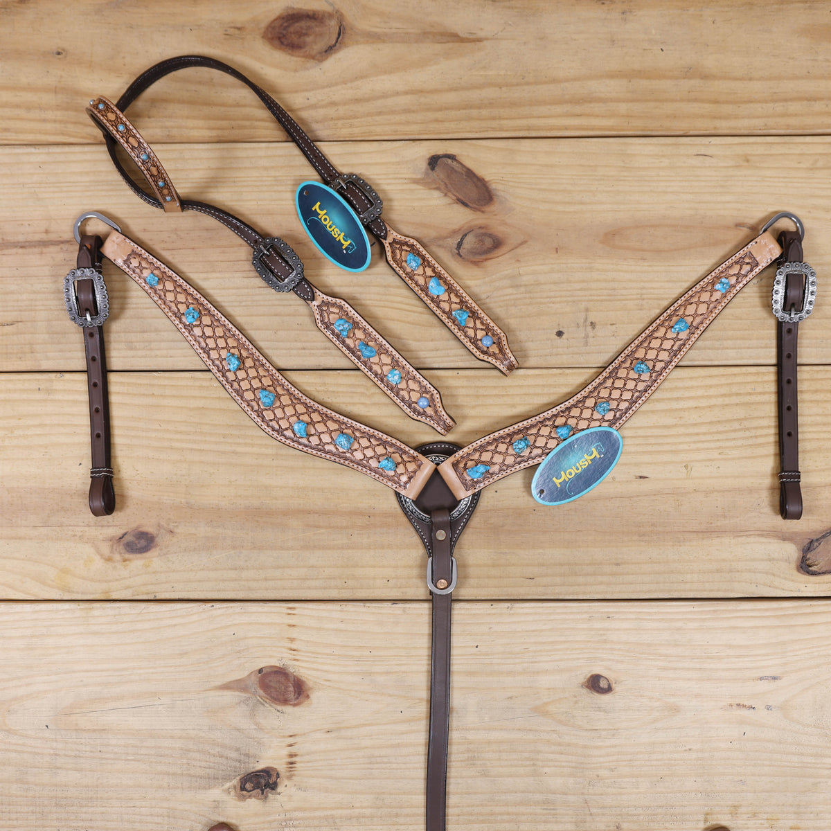Handcrafted Argentina cow leather headstall with antique finish and detailed window tooling design